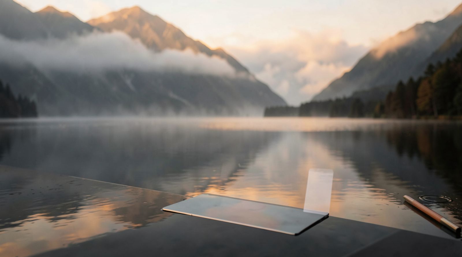 Tranquil landscape with misty mountains and serene lake