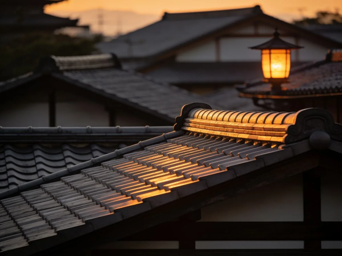 Dawn in Kyoto with golden light spilling over rooftops and a glowing lantern in the distance
