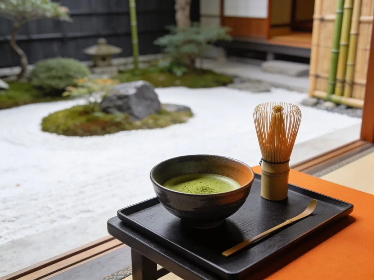 Traditional tea ceremony setup in a Kyoto garden with matcha bowl and bamboo
